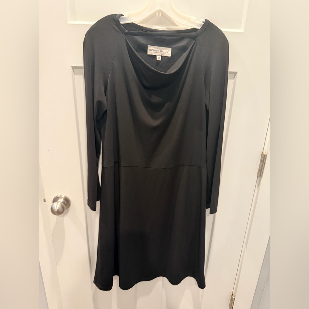 Donna Ricco Black Dress Size 10 Long Sleeve Cowl Neck Classic Midi